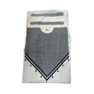 Premium Afghani Suit – White with Navy Blue Embroidered Neck Panel
