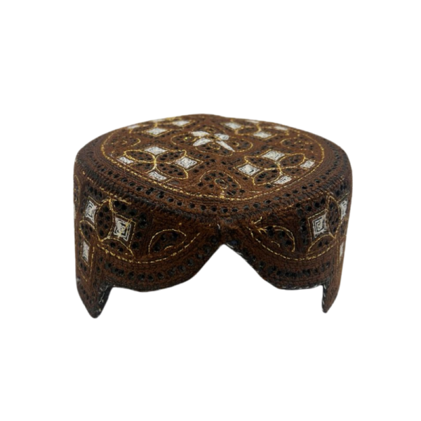Chocolate Brown Sindhi Cap – Premium Golden & White Embroidered Traditional Topi | Free Size
