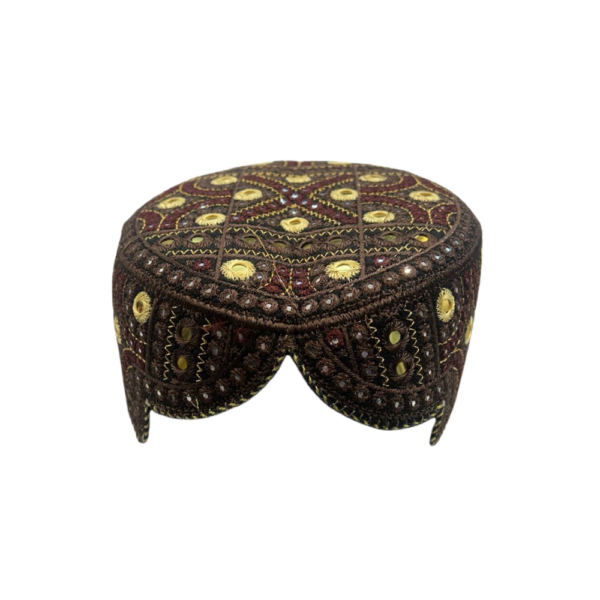 Dark Brown Sindhi Cap – Multicolor Embroidered Traditional Topi | Free Size