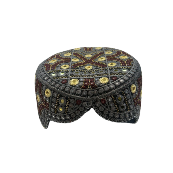 Grey Sindhi Cap – Multicolor Embroidered Traditional Topi | Free Size