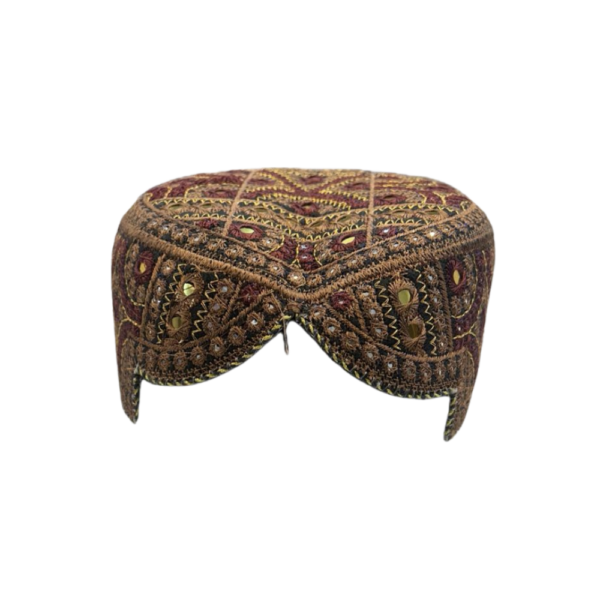 Antique Brown Sindhi Cap – Multicolor Embroidered Traditional Topi | Free Size