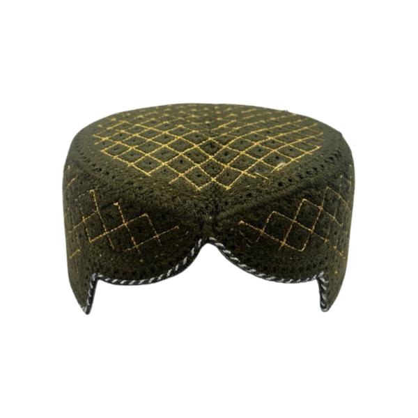 Olive Green Sindhi Cap – Golden Embroidered Traditional Topi | Free Size