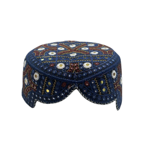 Navy Blue Sindhi Cap – Multicolor Embroidered Traditional Topi | Free Size