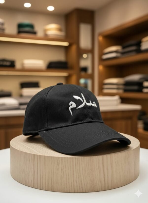 Black “Salam” Embroidered Cap Premium Arabic Calligraphy Cap | Free Size