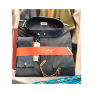 Al-Basha Premium Midnight Blue Thobe – Luxury Arabic Jubba with Designer Collar & Chain