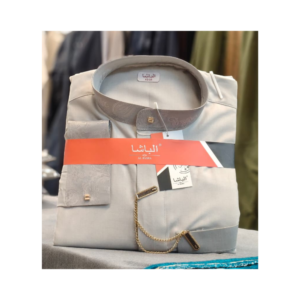 Al-Basha Premium Pearl Grey Thobe – Luxury Arabic Jubba with Designer Collar & Chain