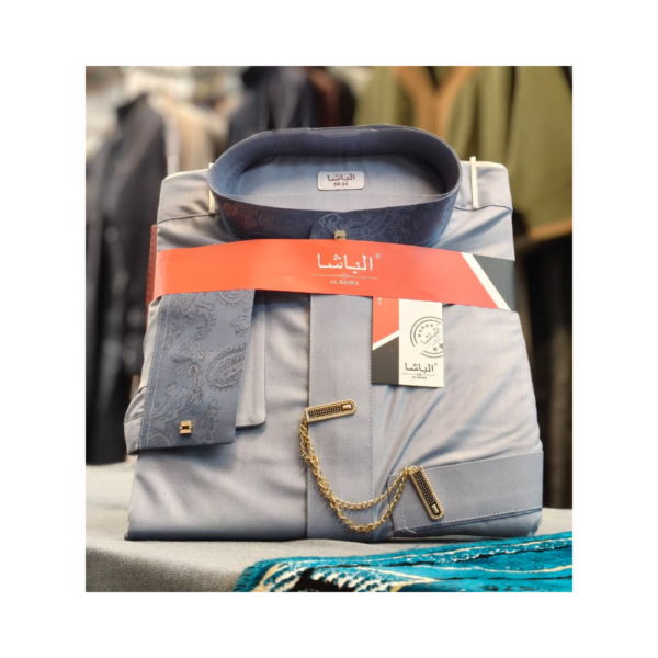 Al-Basha Premium Steel Grey Thobe – Luxury Arabic Jubba with Chain & Designer Collar