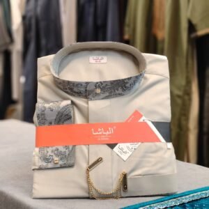 Al-Basha Premium Ivory Cream Thobe – Luxury Arabic Jubba with Designer Paisley Collar & Chain