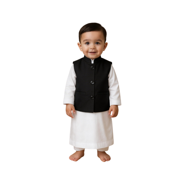 Kids White Jubbah with Black Waistcoat – Newborn Zero Size (13 Inch) | Traditional Baby Ethnic Wear
